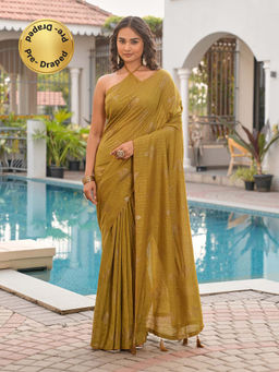 Tikhi Imli - Ready To Wear Mustard Colored Foil Embellished Saree with Unstitched Blouse
