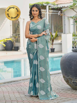 Tikhi Imli - Ready To Wear Blue Rubber Print Saree with Crochet Lace with Unstitched Blouse