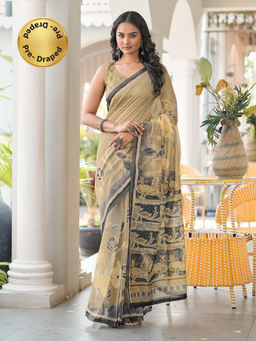 Tikhi Imli - Ready To Wear Beige Colored Printed Saree with Unstitched Blouse