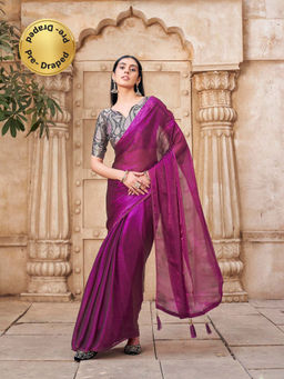 Tikhi Imli - Ready To Wear Violet Colored Shimmer Chiffon Base Saree with Unstitched Blouse