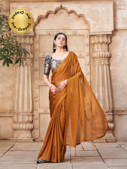 Tikhi Imli - Ready To Wear Mustard Colored Satin Chiffon Base Saree with Unstitched Blouse