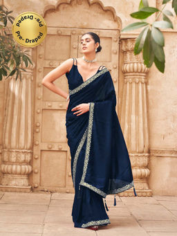 Tikhi Imli - Ready To Wear Teal Colored Saree with Foil Embroiderd Border with Unstitched Blouse