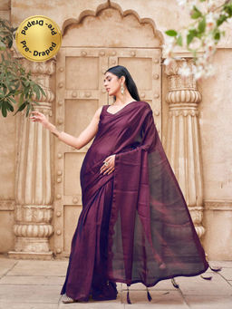 Tikhi Imli - Ready To Wear Burgundy Colored Satin Saree with Unstitched Blouse