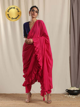 trueBrowns - Pink Crinkle Ready To Wear Ruffle Tassel Pre Draped Saree