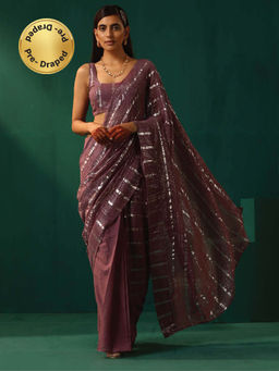 trueBrowns - Mauve Cotton Silver Striped Ready to Wear Saree