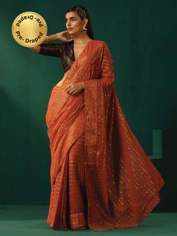 trueBrowns - Rust Cotton Gold Lurex Striped Pre-Stitched Saree without Blouse
