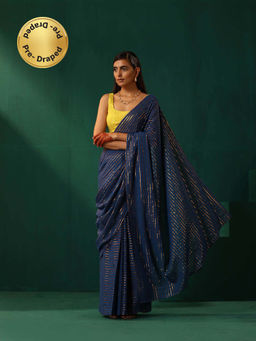 trueBrowns - Royal Blue Cotton Gold Striped Ready To Wear Saree
