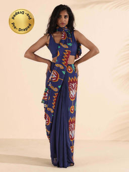 trueBrowns - Blue Muslin Ikat Saree without Blouse
