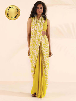 trueBrowns - Yellow Muslin Ikat Saree without Blouse