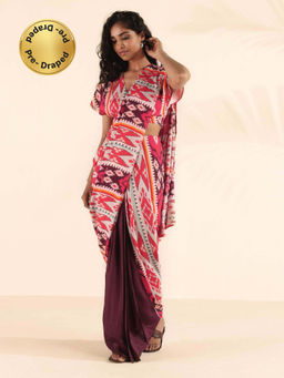 trueBrowns - Multi-Color Muslin Ikat Saree without Blouse