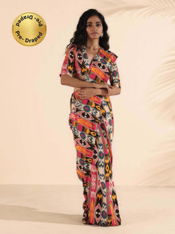 trueBrowns - Cola Multi-Color Muslin Ikat Saree without Blouse