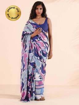 trueBrowns - Multi-Color Purple Muslin Ikat Saree without Blouse