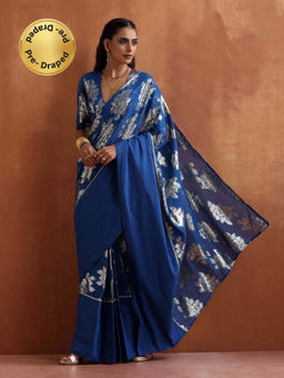trueBrowns - Blue Metallic Ready To Wear Saree without Blouse