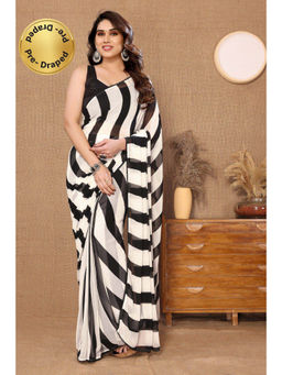 VAIRAGEE - Black & White Soft Georgette Stripes Printed Saree with Unstitched Blouse