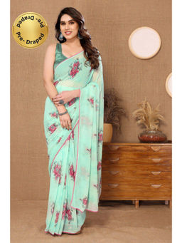 VAIRAGEE - Green Soft Georgette Floral Printed Saree with Unstitched Blouse