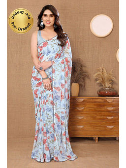 VAIRAGEE - Blue Soft Georgette Floral Printed Saree with Unstitched Blouse