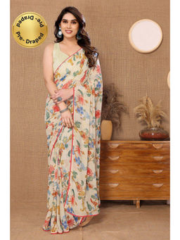 VAIRAGEE - Cream Soft Georgette Floral Printed Saree with Unstitched Blouse