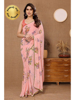 VAIRAGEE - Peach Soft Georgette Floral Printed Saree with Unstitched Blouse