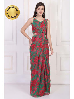 W - Green Floral Printed V-Neck Saree with Stitched Blouse