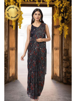 W - Black Floral Printed V-Neck Saree with Stitched Blouse