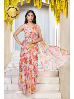 W - Peach Floral Printed V-Neck Saree with Stitched Blouse