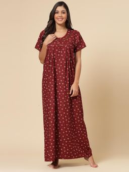 Sweet Dreams - Printed Pattern Womens Short Sleeves Regular Length Nighty Maroon