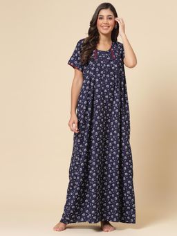 Sweet Dreams - Floral Pattern Womens Short Sleeves Regular Length Nighty Navy Blue