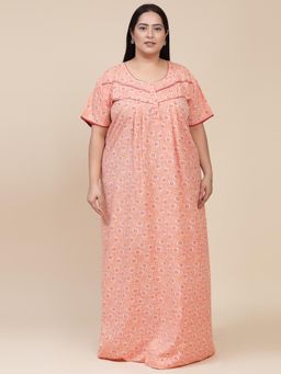 Sweet Dreams - Floral Pattern Womens Short Sleeves Regular Length Nighty Orange