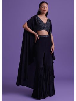 KALKI FASHION - Navy Blue Purple Cut Dana Embroidered Crop Top with Sharara & Shrug