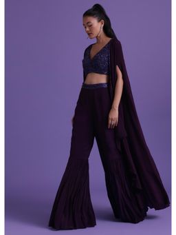 KALKI FASHION - Wine Purple Cut Dana Embroidered Crop Top with Sharara & Shrug