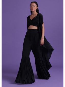 KALKI FASHION - Black Purple Cut Dana Embroidered Crop Top with Sharara & Shrug