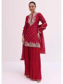 KALKI FASHION - Red Embroidered Silk Kurti with Palazzo & Dupatta