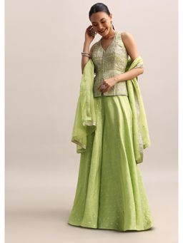 KALKI FASHION - Light Green Embroidered Tissue Kurta with Palazzo & Dupatta