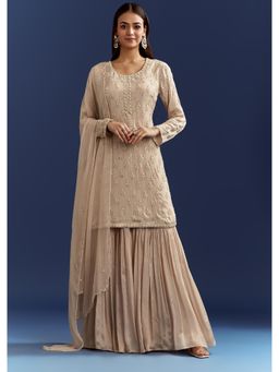 KALKI FASHION - Light Beige Moti and Cut Dana Kurta with Sharara & Dupatta