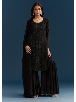 KALKI FASHION - Black Pakistani Sequins Embellished Kurta with Sharara & Dupatta