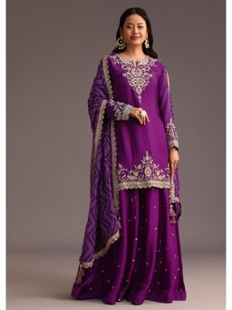 KALKI FASHION - Purple Zari Work Kurta with Palazzo & Dupatta