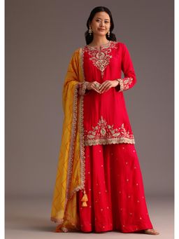 KALKI FASHION - Red Zari Work Kurti with Palazzo & Dupatta