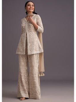 KALKI FASHION - Beige Lucknowi Kurti with Palazzo & Dupatta