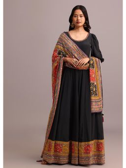 KALKI FASHION - Black Embroidered Anarkali Kurta with Printed Dupatta