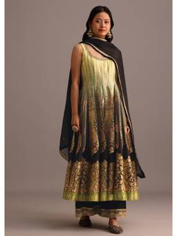 KALKI FASHION - Black & Yellow Embroidered Anarkali Kurta with Palazzo & Dupatta