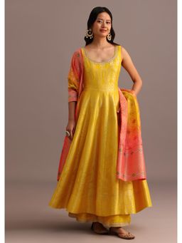 KALKI FASHION - Yellow Brocade Weave Anarkali Kurta with Pant & Dupatta