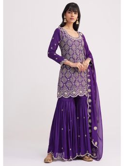 KALKI FASHION - Purple Cut Dana Embroidered Kurti with Sharara & Dupatta