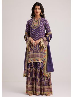 KALKI FASHION - Purple Crepe Silk Mirror Work Kurta with Sharara & Dupatta