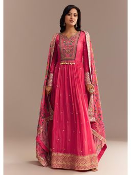 KALKI FASHION - Pink Resham Embroidered Anarkali Kurta with Leggings & Dupatta