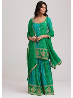 KALKI FASHION - Green Chinon Bandhani Kurta with Sharara & Dupatta