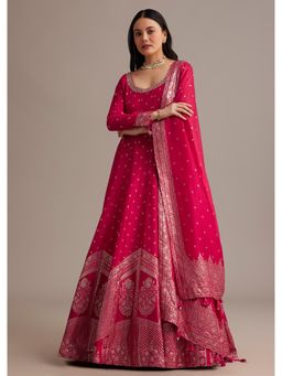 KALKI FASHION - Rani Pink Gold Weave Anarkali Kurta with Leggings & Banarasi Dupatta
