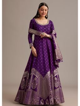 KALKI FASHION - Dark Purple Gold Weave Anarkali Kurta with Leggings & Banarasi Dupatta