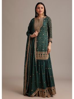 KALKI FASHION - Dark Green Bandhani Kurta with Palazzo & Dupatta