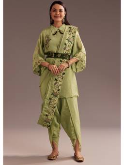 KALKI FASHION - Light Green Zardozi Kurti with Dhoti, Drape, Inner And Belt