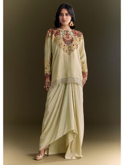 KALKI FASHION - Beige Tessar Silk Beads And Thread Work Kurta with Skirt
